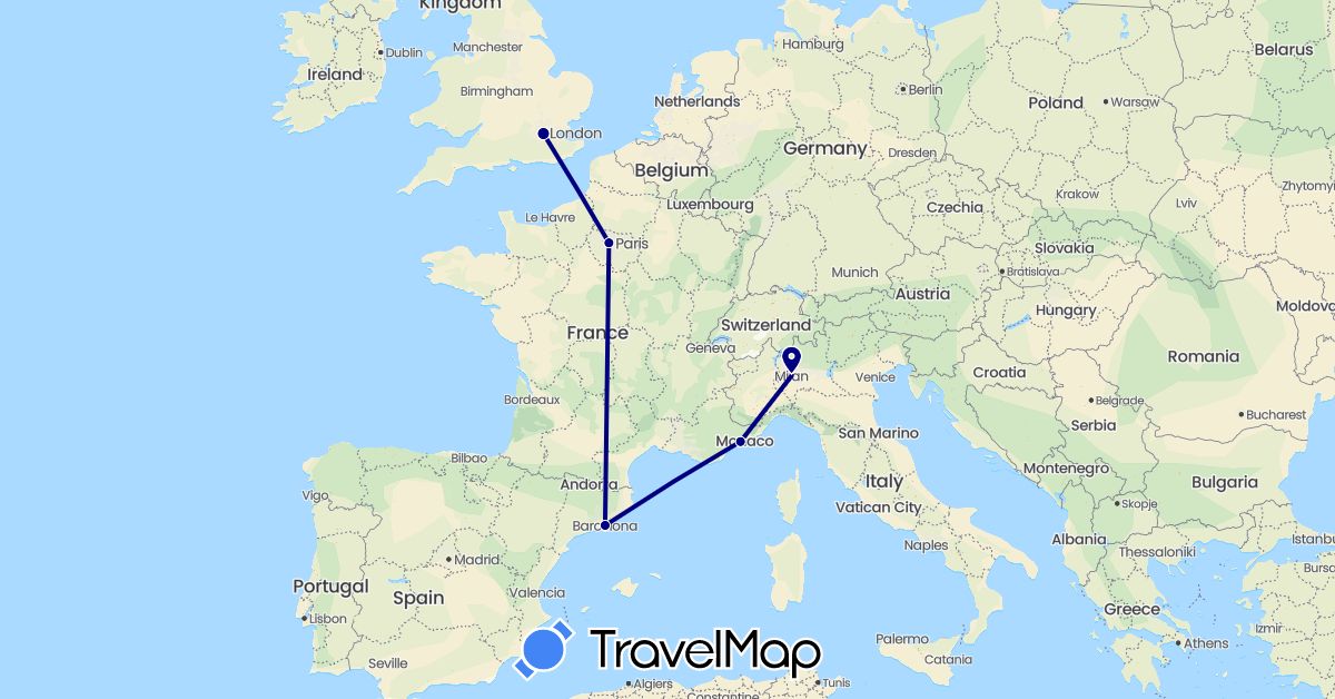 TravelMap itinerary: driving in Spain, France, United Kingdom, Italy (Europe)